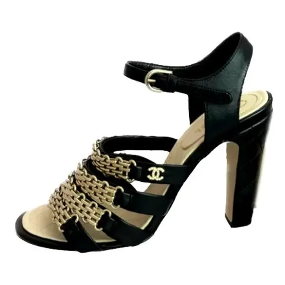 CHANEL CC Logo Black Lambskin Quilted Heels Gold Chain Strap Sandals IT 39