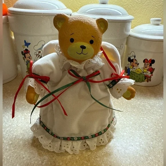 Vintage Angel Christmas Tree Topper Teddy Bear Figurine w/ Holiday White Dress