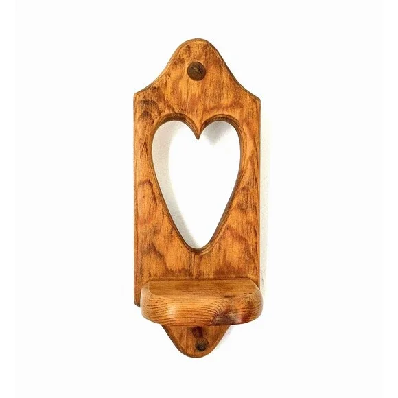 Vintage Pine Wood Peg Shelf with Heart Cutout Handmade Wall Hang Country Rustic