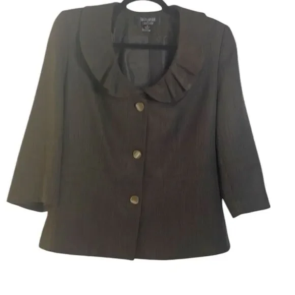 Larry Levine Ruffled Collar Blazer Jacket Size10 Brown Herringbone Tweed Career