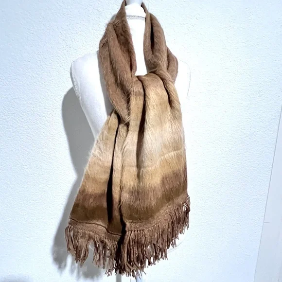 Chilean Alpaca Wool Brown & Tan Ombré Fringe Handmade Scarf Unisex New