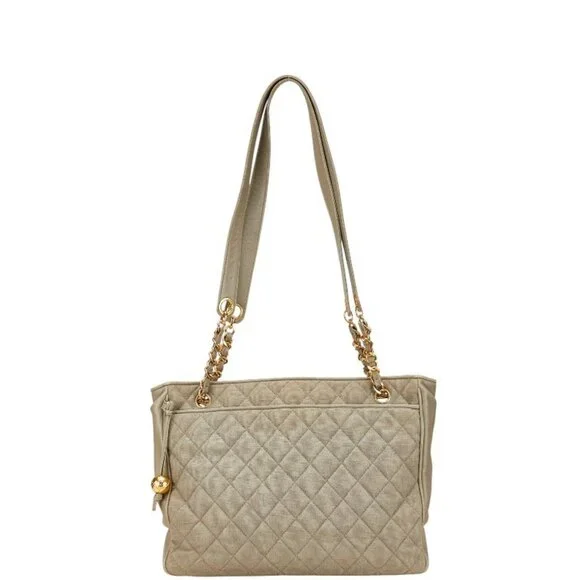 CHANEL Gray Leather Logo Tote Bag