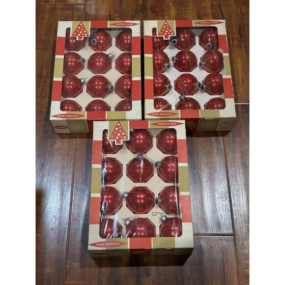 Lot of (36) Vintage Coby Glass Red 2-1/4” Round Christmas Tree Ornaments in Box