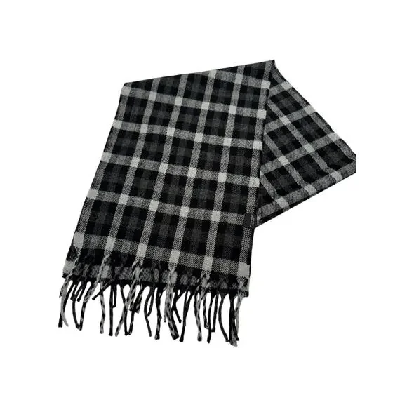 Pronto Uomo‎ Men's Fringe Scarf OS Black Gray White Plaid Acrylic Rectangle