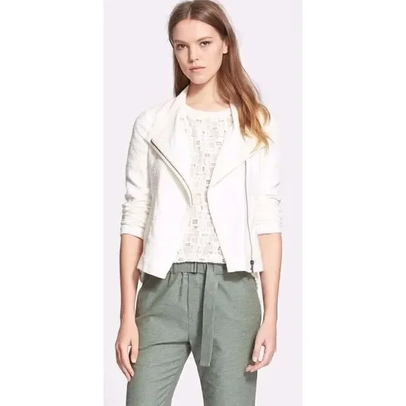 VINCE Cream TEXTURED ZIPPER FRISE asymmetrical JACKET $425 sz XXS