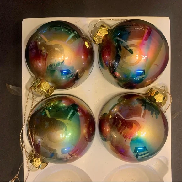 Multicolor Vintage Aurora Borealis Finish Glass Christmas Ornaments Set of 4
