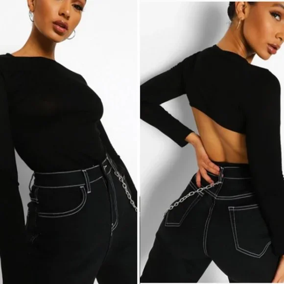 NWT Boohoo Open Back Long Sleeve Top