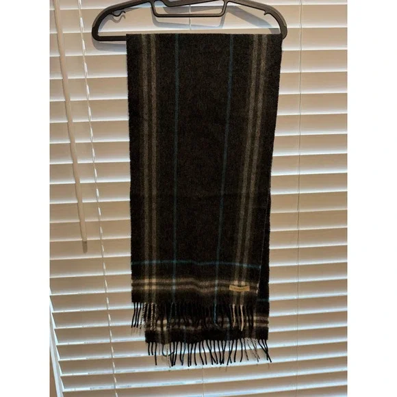 Burberry Mens Scarf‎ Charcoal Grey Blue White Plaid Check Wool Fringe Made in UK