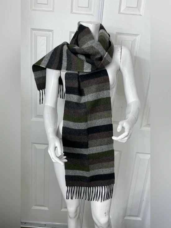 Eddie Bauer Olive, Gray & Black Striped Wool Blend Fringe Scarf