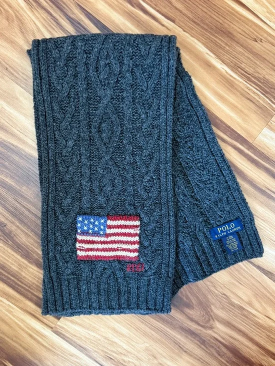 Vintage 90’s Polo by Ralph Lauren Charcoal Cable Knit Scarf with American Flag