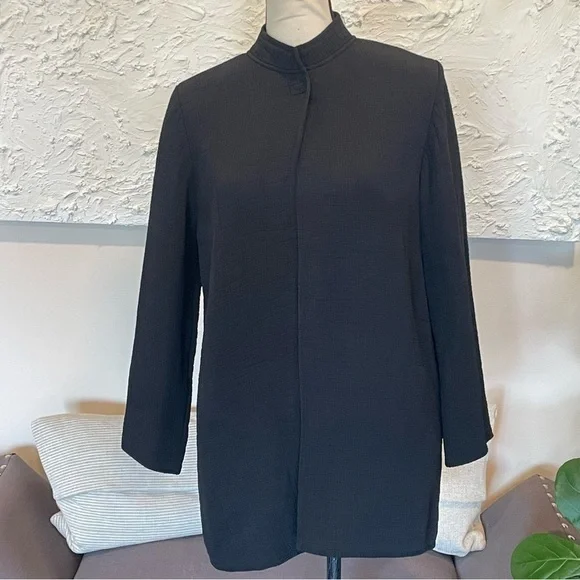 EILEEN FISHER Stand Collar Silk Blend Textured Long Jacket Black Sz S Petite