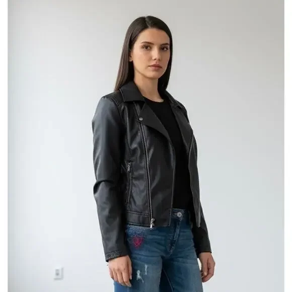 Desigual Chaq Emine Rep Vegan Leather Moto Biker Jacket Black Size 38/ US 4 NWT