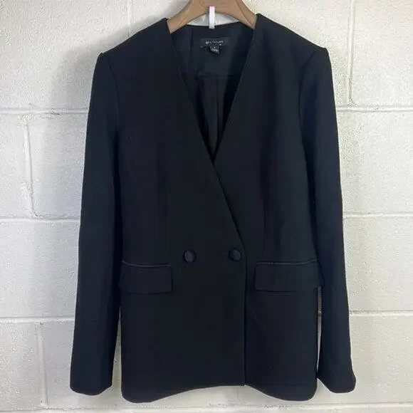 New Women’s Black Ann Taylor Collarless Blazer Two-Button 8 V-neck Long sleeve