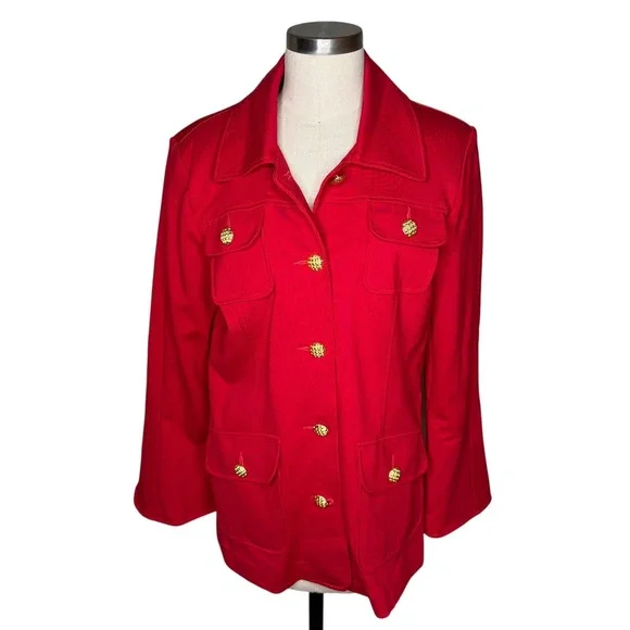 CABI Broadcast Jacket Bold Red Gold Crest Button Military Women's Size Med 6671