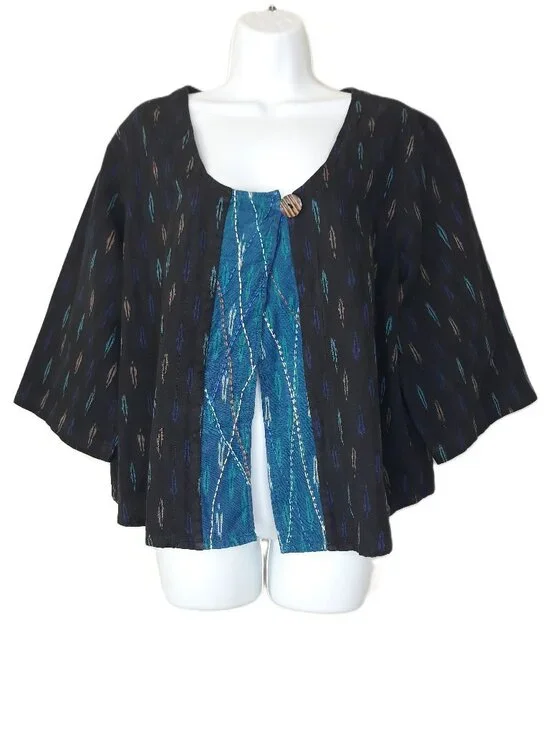 Artsy Jacket Boxy Open Front Block Stamped Cotton 3/4 Sleeves