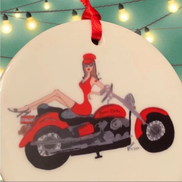 Christmas ornament Biker Babe ceramic round holiday
