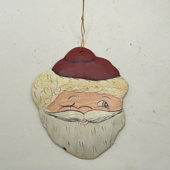 Vintage Santa Claus Face Clay Christmas Ornament Made In Haiti Folk Art Decor