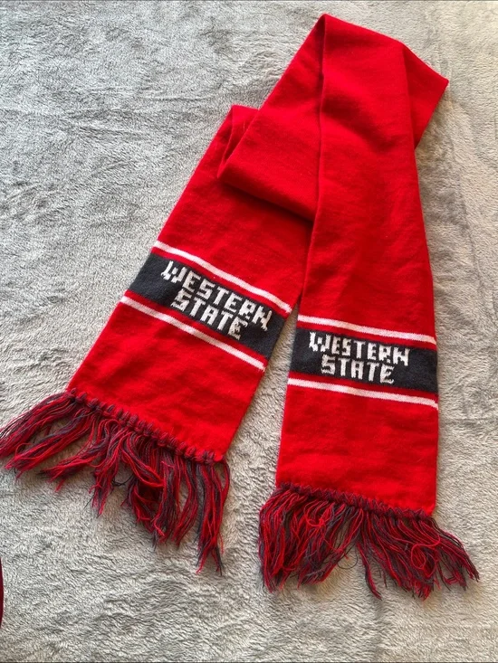 Western State Red Black Knit Scarf with Fringe