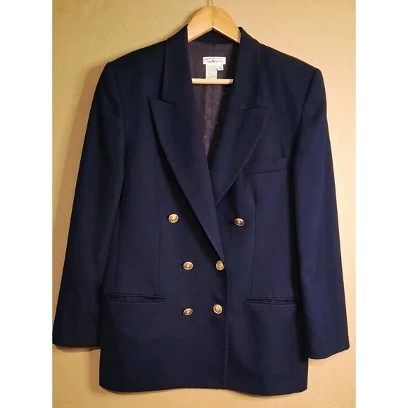 Talbots Navy Blue Double Breasted Blazer Jacket Gold Button Wool 16 Vtg Preppy