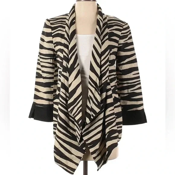 Alberto Malaki Linen Blend Tan Black Zebra Animal Stripe Open Blazer Size Small