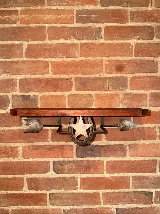 Rustic Metal Star & Horseshoe Wall Shelf - Brown Cowboy Western Branded