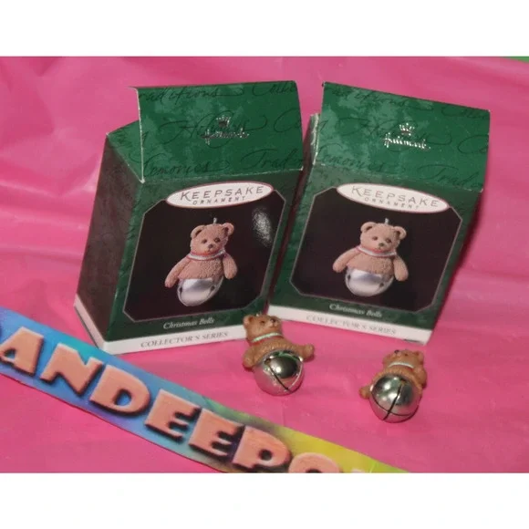 Vintage Hallmark Keepsake 2 Piece Christmas Bear Bells Ornaments 1998 Series 4