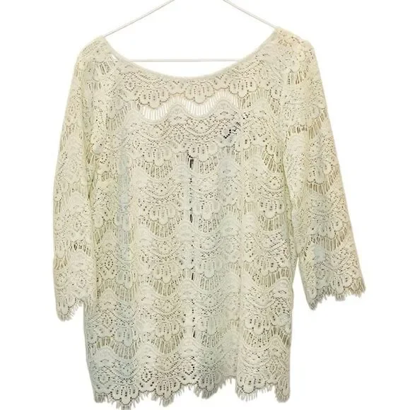 Zara TRF Collection Sheer Lace Back Zip Quarter Sleeve Blouse Ivory Large