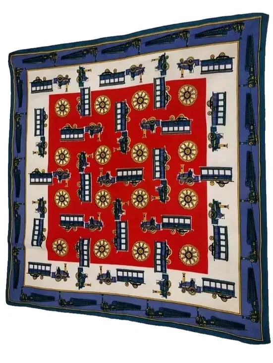 60s 70s Men's Scarf Trains Acetate Red White & Blue Traincarts Victorian Design
