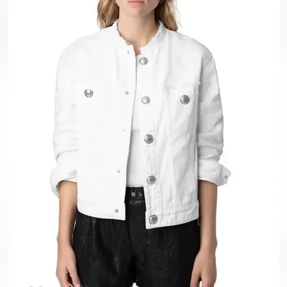 $398 Zadig & Voltaire Kaely Destroy Denim Jacket in White NWT small