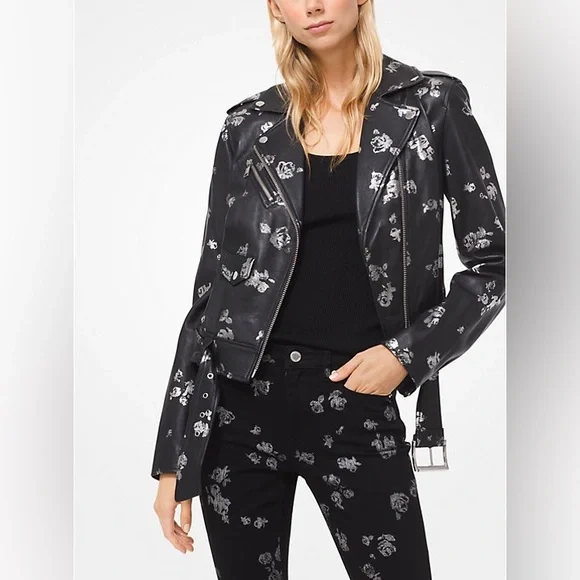 NWT🌟MICHAEL KORS🌟Metallic Rose Print Lamb Leather Moto Jacket Black Sz. Med
