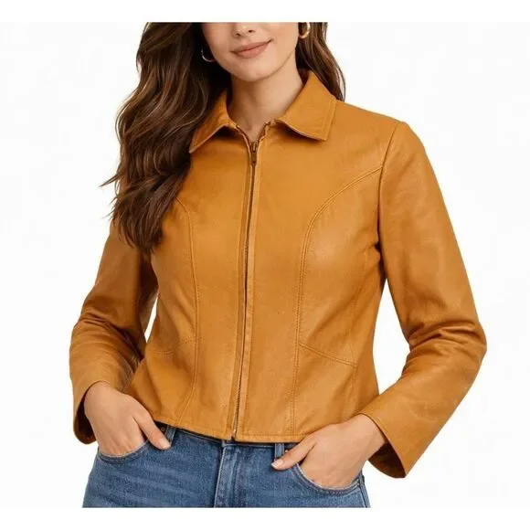 Gap Vintage 100% leather tan zip front jacket size small