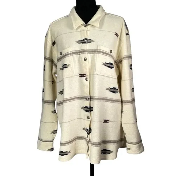 Orvis Off White Fleece Blanket Jacket Aztec Print Gray Striped Western Women XL
