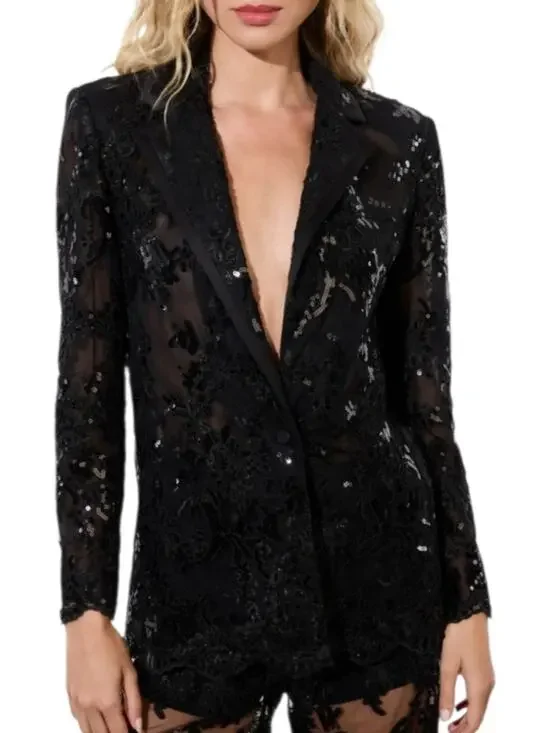 Alice + Olivia Black Embroidered Sequin Embellished Sheer Judith Blazer