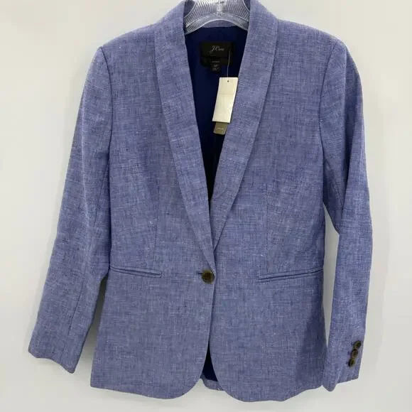 New J. CREW Womens Blazer Jacket Linen Blend Size 0P Blue Single Button Office