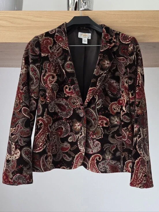 (NWT) Talbots Velvet Paisley Blazer Burgundy Black Vintage Inspired Jacket