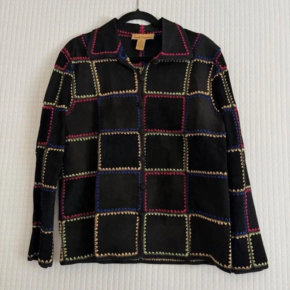 Patchwork Suede Leather Jacket Black Medium Colorful Vtg Boho Crochet Funky 90s
