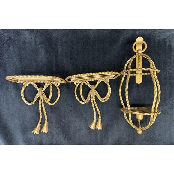 Vintage Gold Metal Bow Wall Shelves (2) & Taper Candle Sconce Coquette Regency