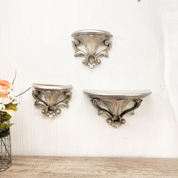 Ornate Gray Gold Wall Shelf Set – Vintage Gothic Burwood Decor