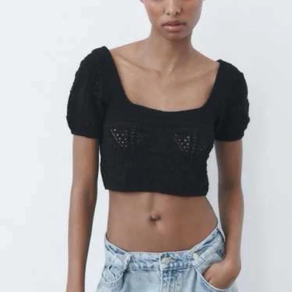 Zara Square Neck Knit Crochet Cropped Blouse