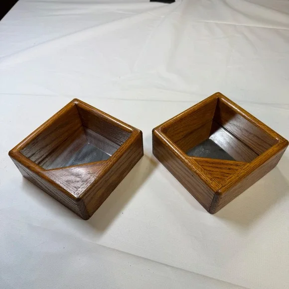 Vintage MCM Oak Wood Mirror Shadow Box Wall Shelves Set of 2 Geometric Squares