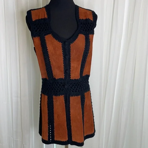 Vintage Suede and Black Crochet v-neck Vest, approximately Size M