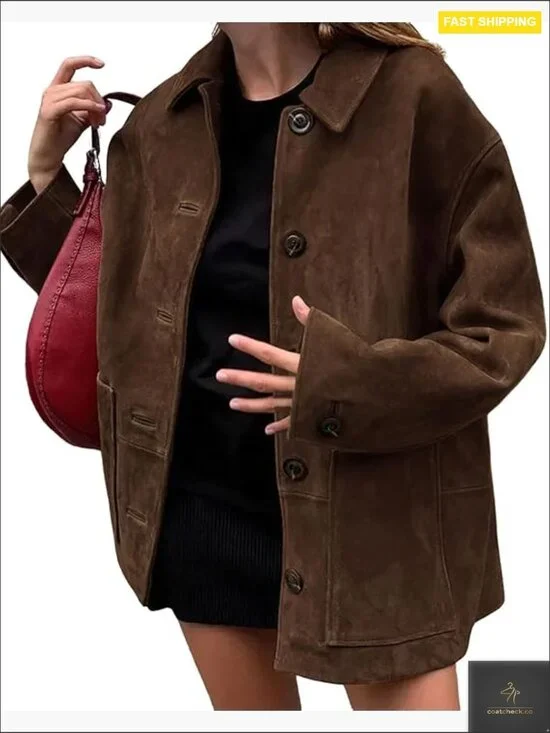 Women's Faux Suede Midi Shacket Coat Button Down Oversized Long Sleeve Casual