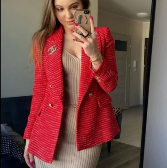 Zara * Textured Tweed Double Breasted Blazer Red Size XS