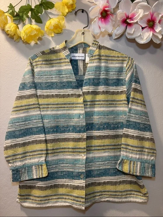 Alfred Dunner Striped Cotton Blend Utility Jacket in Teal, Yellow & White