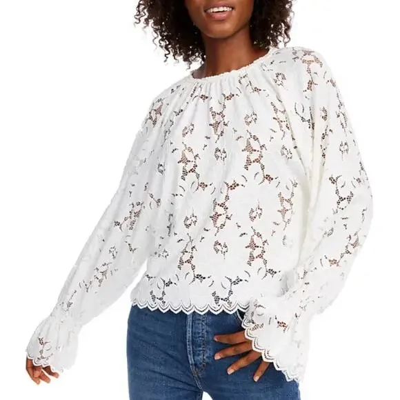 Free People Olivia Floral Lace Top Womens Medium Ivory Scalloped Trim Boho