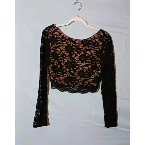 CITY STUDIO Crop Top Womens Size 9 Black Lace Floral Long Sleeve