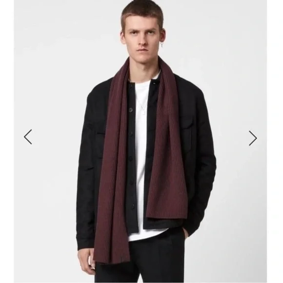 Allsaints Men's Narrow Rib Merino Wool Scarf - Maroon Red
