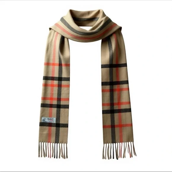 Italy Design Cashmere Blend Unisex Classic Beige, Orange & Black Checkered Scarf