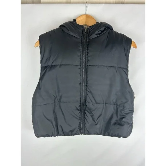 No Comment Womens Black Puffer Fleece Lined Vest w/ Hood Sz M