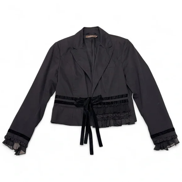 sandwich_ Vintage Cropped Blazer Size 10 Velvet / Silk Ruffle Trim Romantic